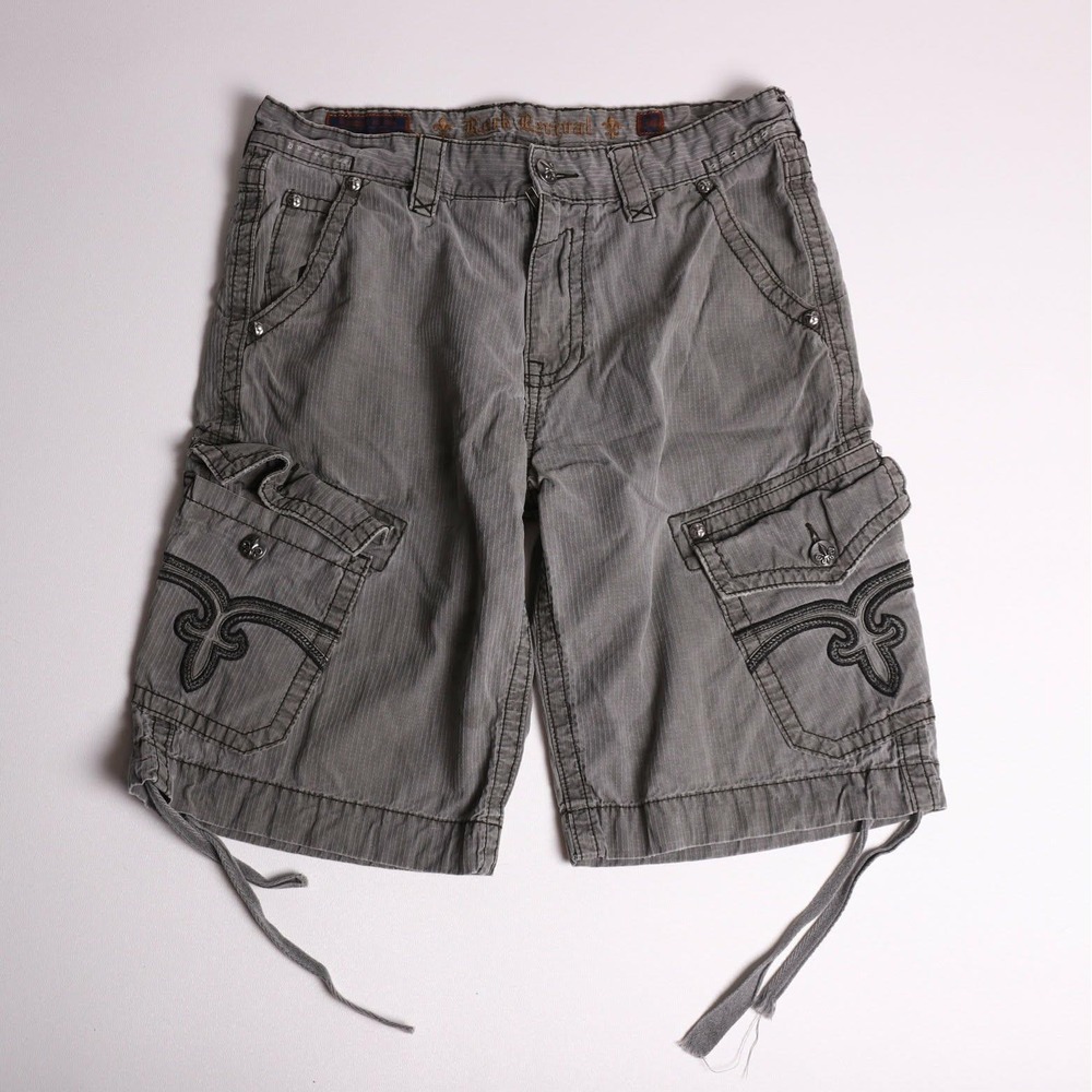 Rock Revival Mens Grey Pinstripe Cargo Shorts Size 34 Fleur De Lis Y2K Utility
